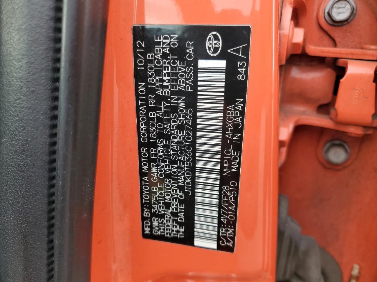 2012 Toyota Prius C VIN: JTDKDTB36C1027465 Lot: 82452405