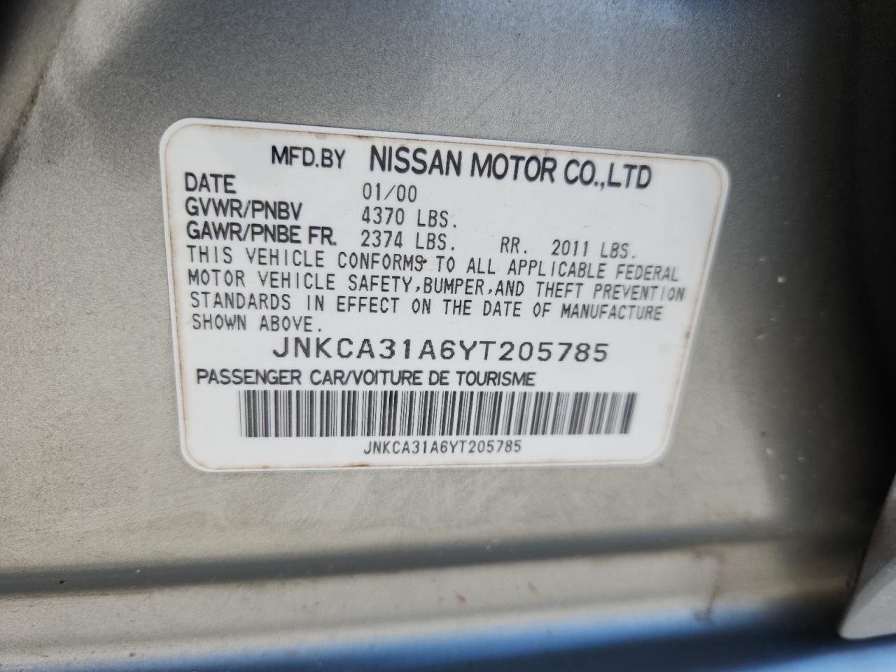 2000 Infiniti I30 VIN: JNKCA31A6YT205785 Lot: 85593785
