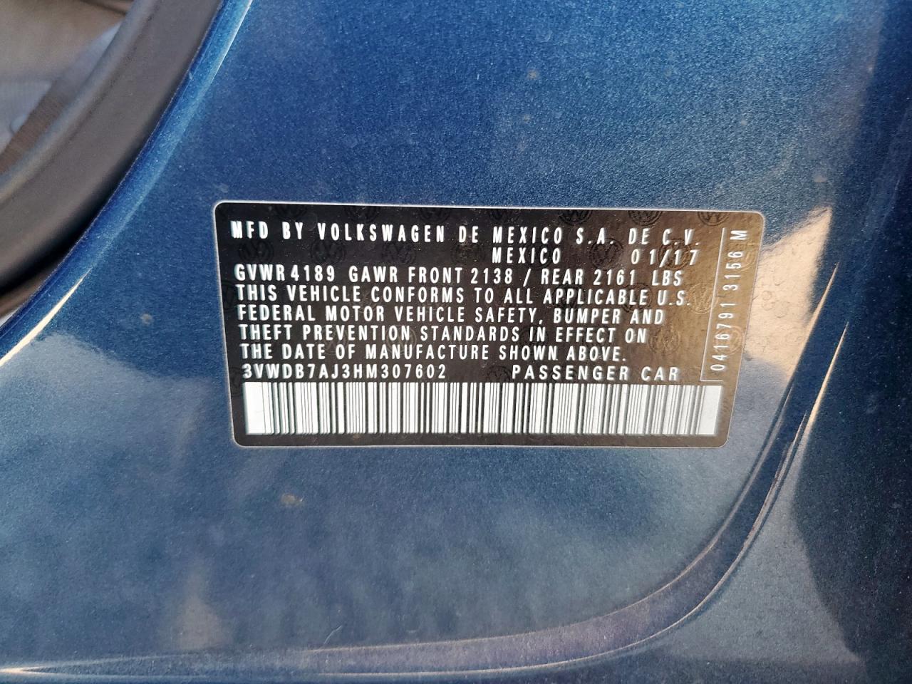 2017 Volkswagen Jetta Se VIN: 3VWDB7AJ3HM307602 Lot: 84778775
