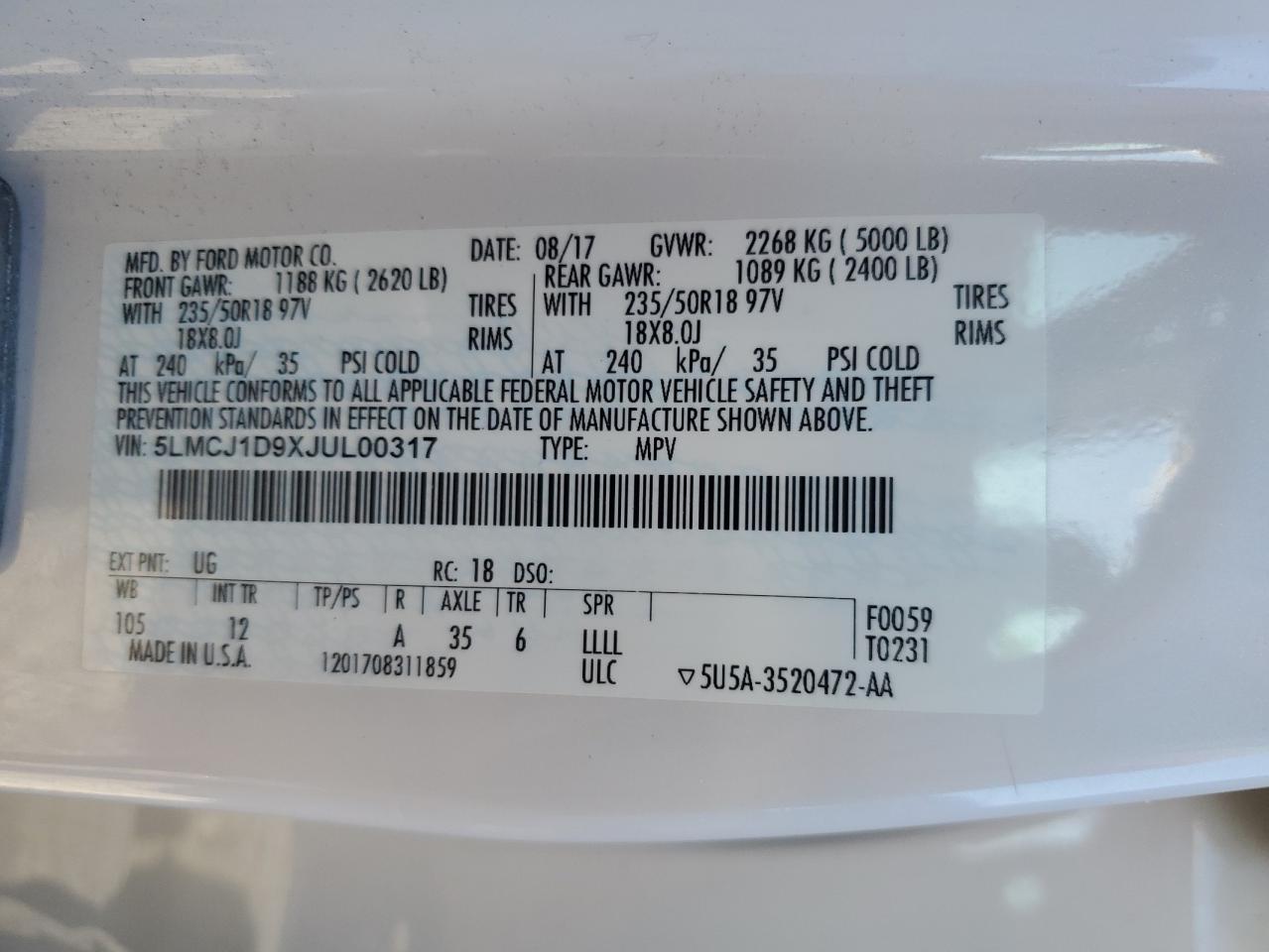 2018 Lincoln Mkc Premiere VIN: 5LMCJ1D9XJUL00317 Lot: 85003025