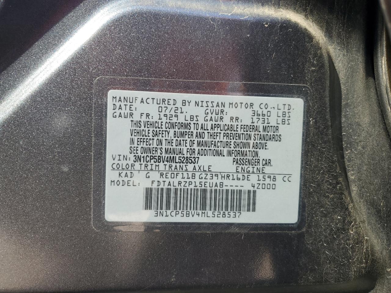 2021 Nissan Kicks S VIN: 3N1CP5BV4ML528537 Lot: 85867815