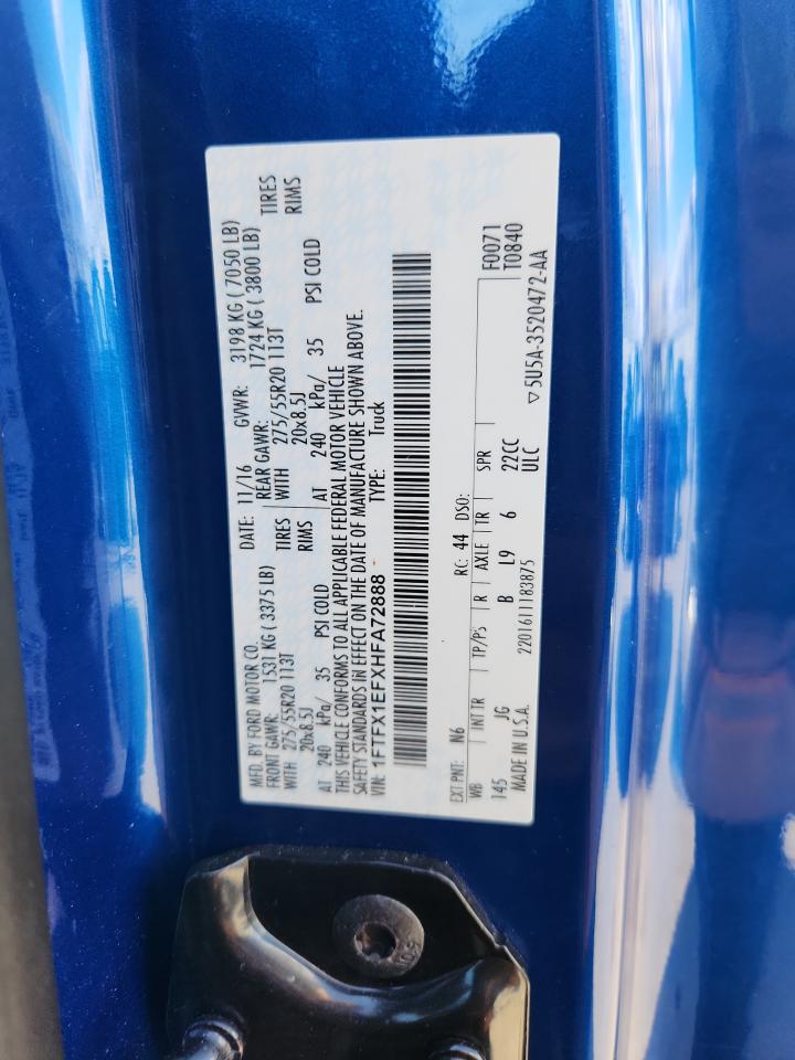 2017 Ford F150 Super Cab VIN: 1FTFX1EFXHFA72888 Lot: 89797855