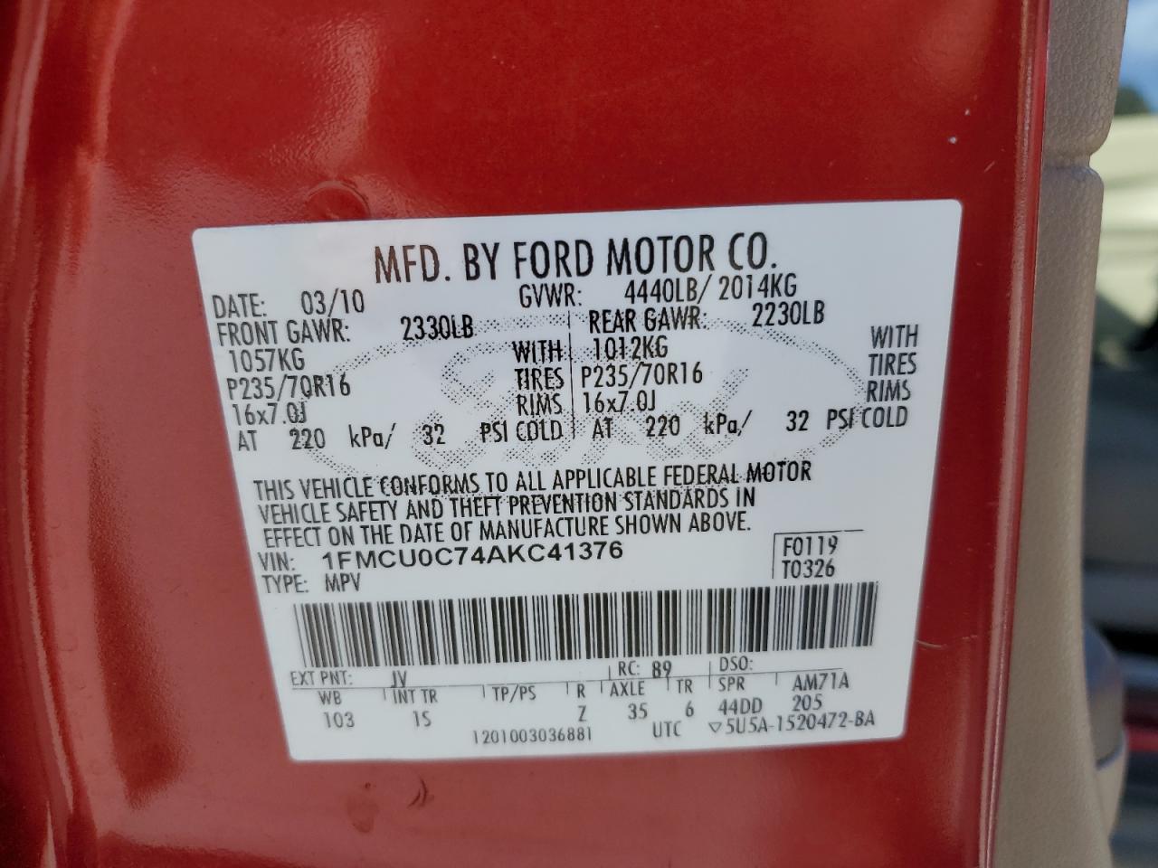 2010 Ford Escape Xls VIN: 1FMCU0C74AKC41376 Lot: 85097025