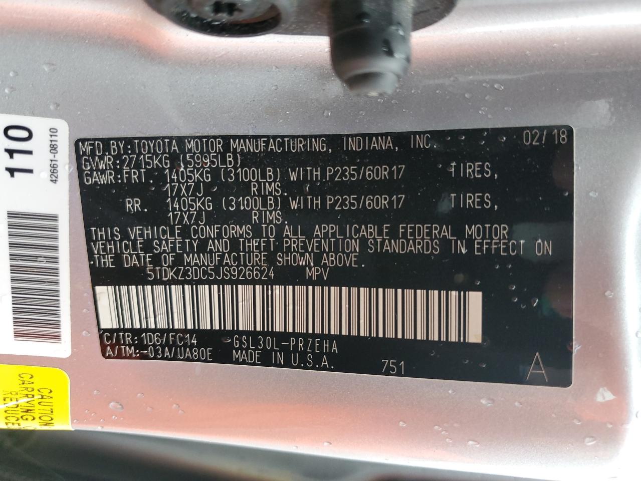 2018 Toyota Sienna Le VIN: 5TDKZ3DC5JS926624 Lot: 85776945