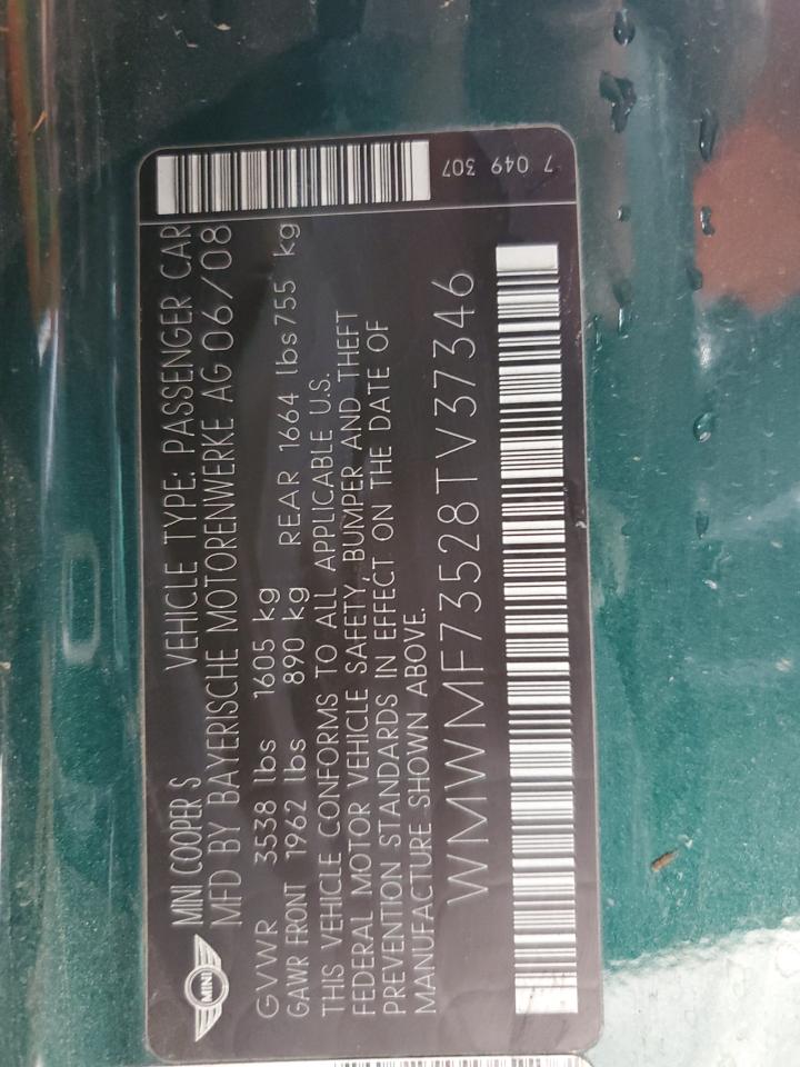 2008 Mini Cooper S VIN: WMWMF73528TV37346 Lot: 82590765