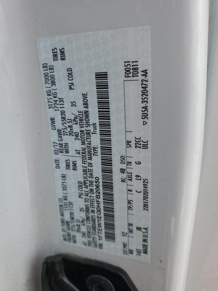 2017 Ford F150 Supercrew VIN: 1FTEW1EG0HFB20650 Lot: 85860585