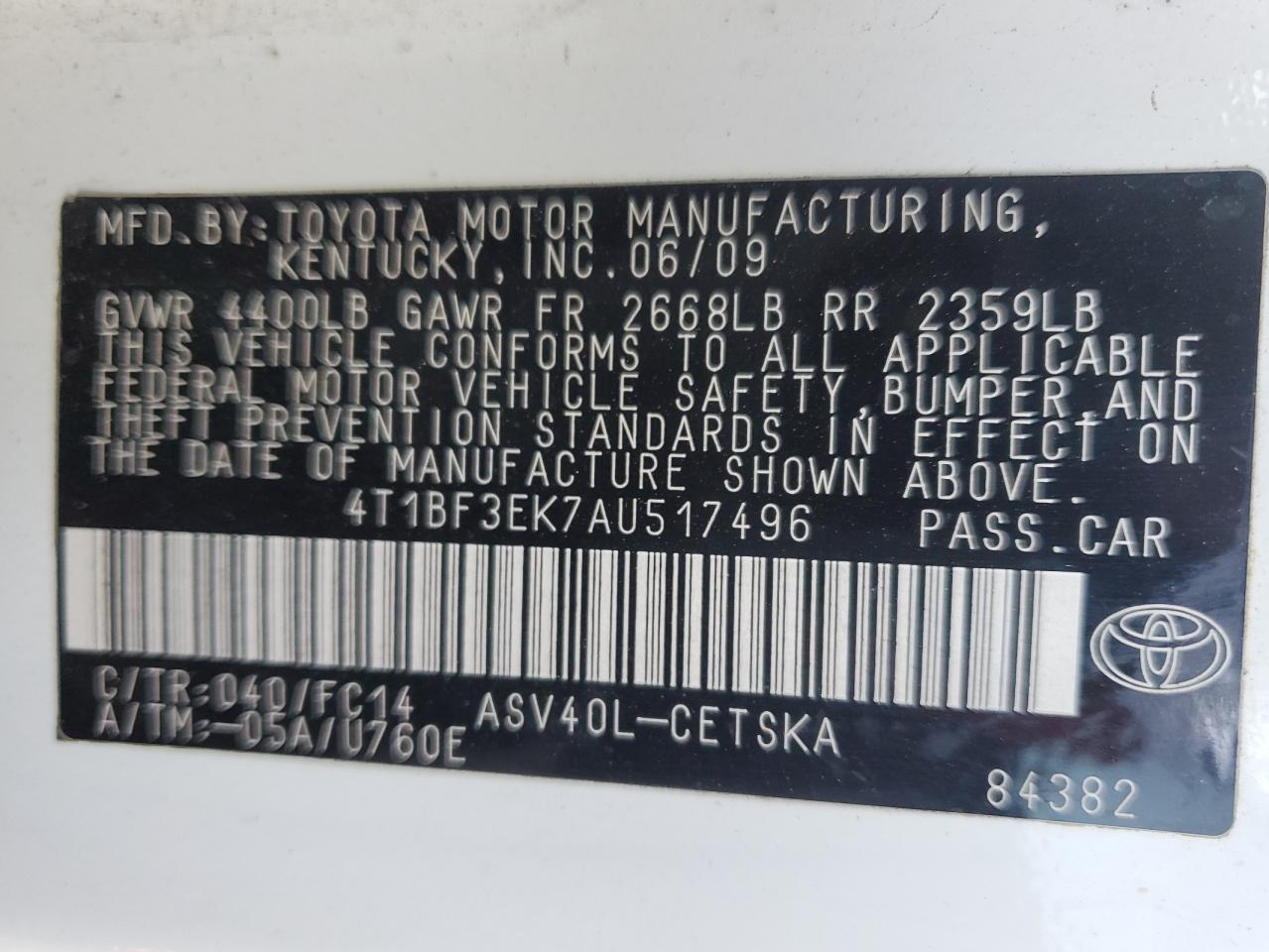 2010 Toyota Camry Base VIN: 4T1BF3EK7AU517496 Lot: 86292425