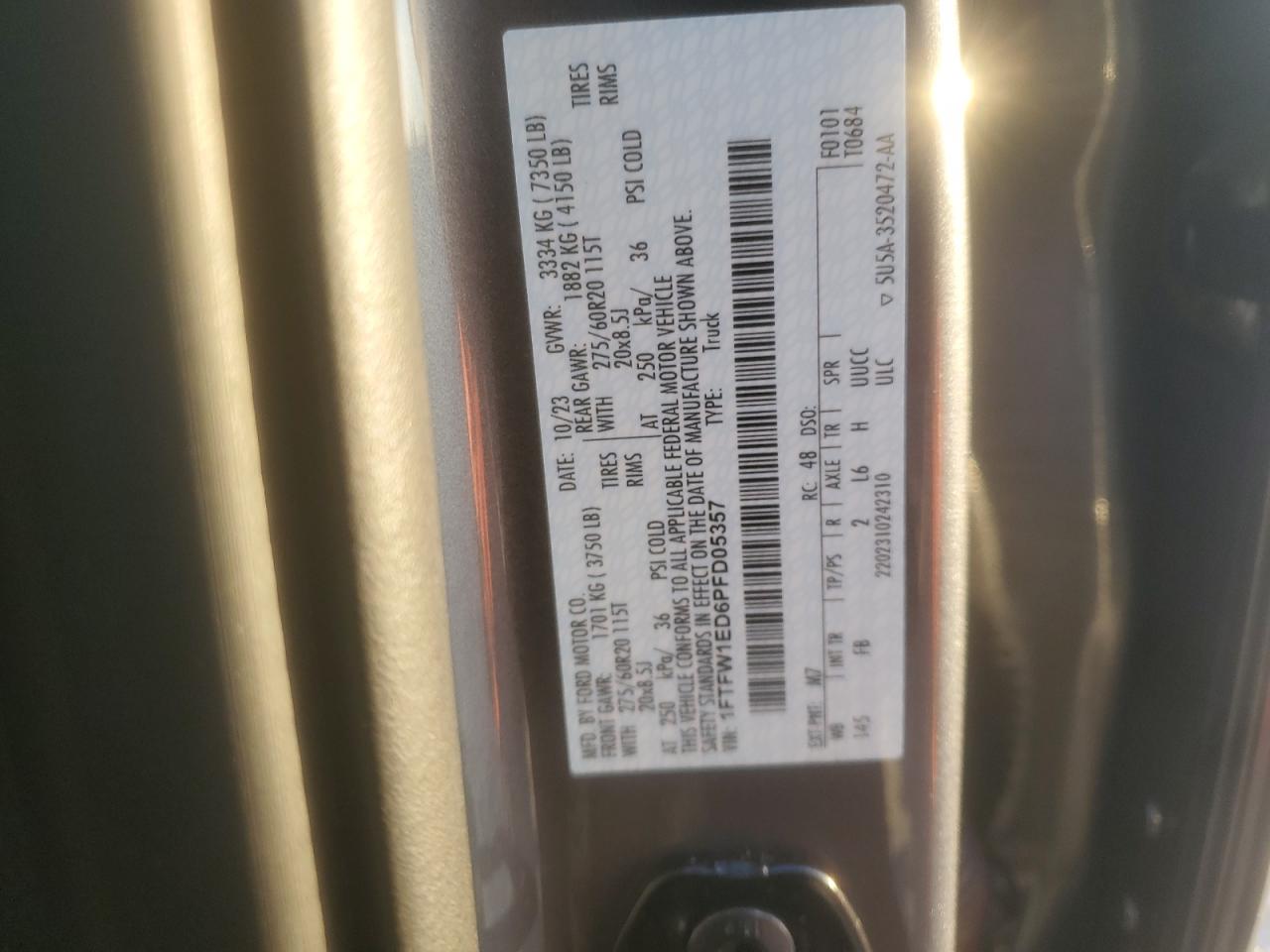 2023 Ford F150 Supercrew VIN: 1FTFW1ED6PFD05357 Lot: 82000935