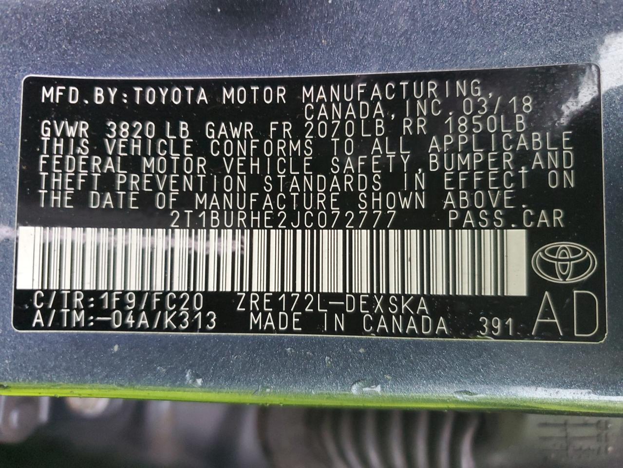 2018 Toyota Corolla L VIN: 2T1BURHE2JC072777 Lot: 86316965