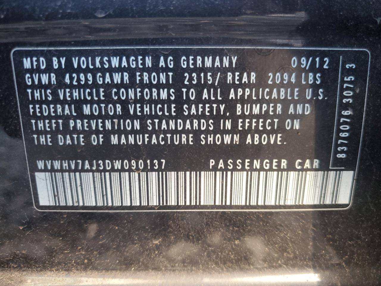 2013 Volkswagen Gti VIN: WVWHV7AJ3DW090137 Lot: 85681835