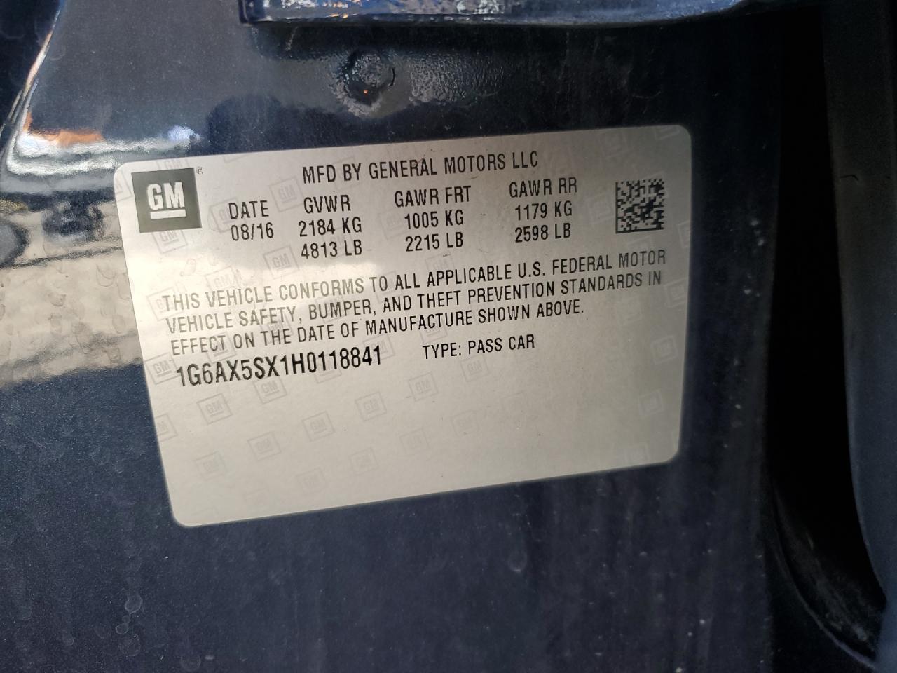 2017 Cadillac Cts Luxury VIN: 1G6AX5SX1H0118841 Lot: 86270185