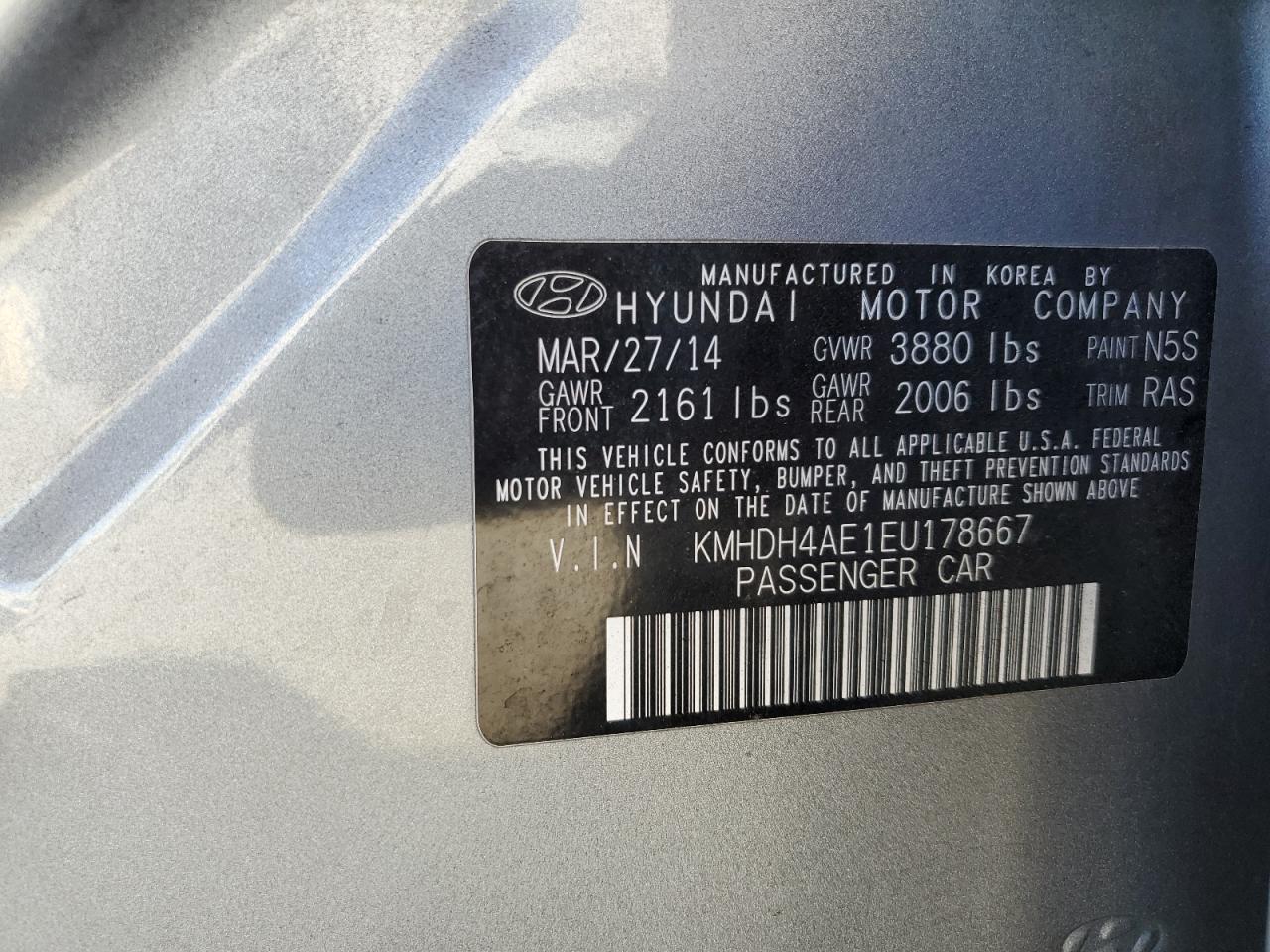 2014 Hyundai Elantra Se VIN: KMHDH4AE1EU178667 Lot: 85184455