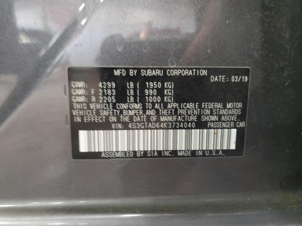 2019 Subaru Impreza Premium VIN: 4S3GTAD64K3734040 Lot: 85672665