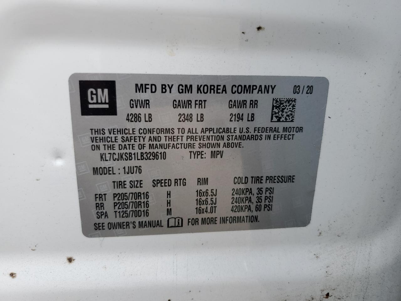 2020 Chevrolet Trax Ls VIN: KL7CJKSB1LB329610 Lot: 85758975