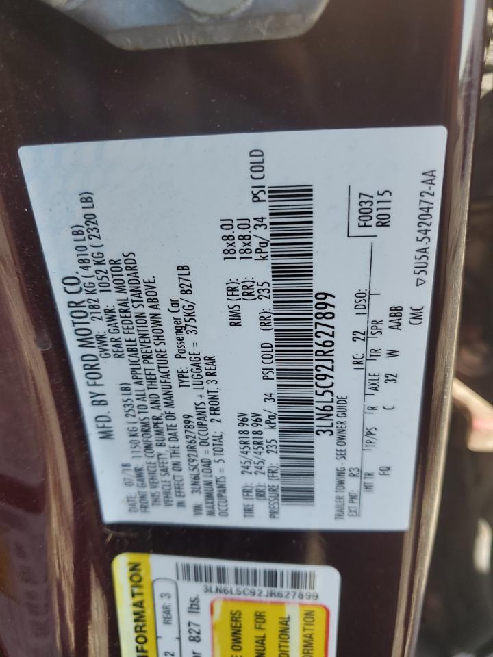 2018 Lincoln Mkz Select VIN: 3LN6L5C92JR627899 Lot: 82365275