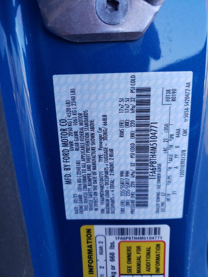 2021 Ford Mustang VIN: 1FA6P8TH4M5104771 Lot: 89797005