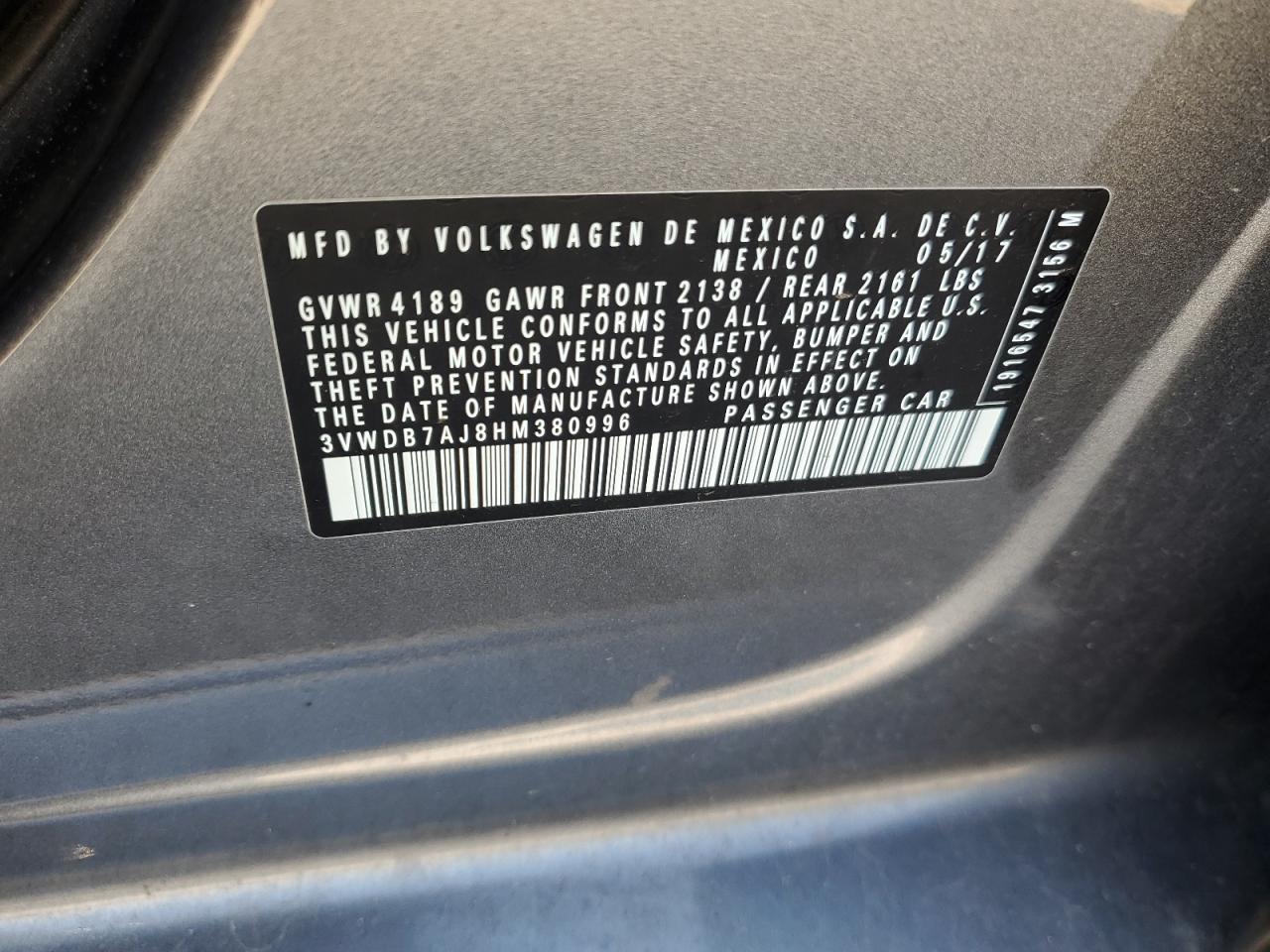 2017 Volkswagen Jetta Se VIN: 3VWDB7AJ8HM380996 Lot: 85283915
