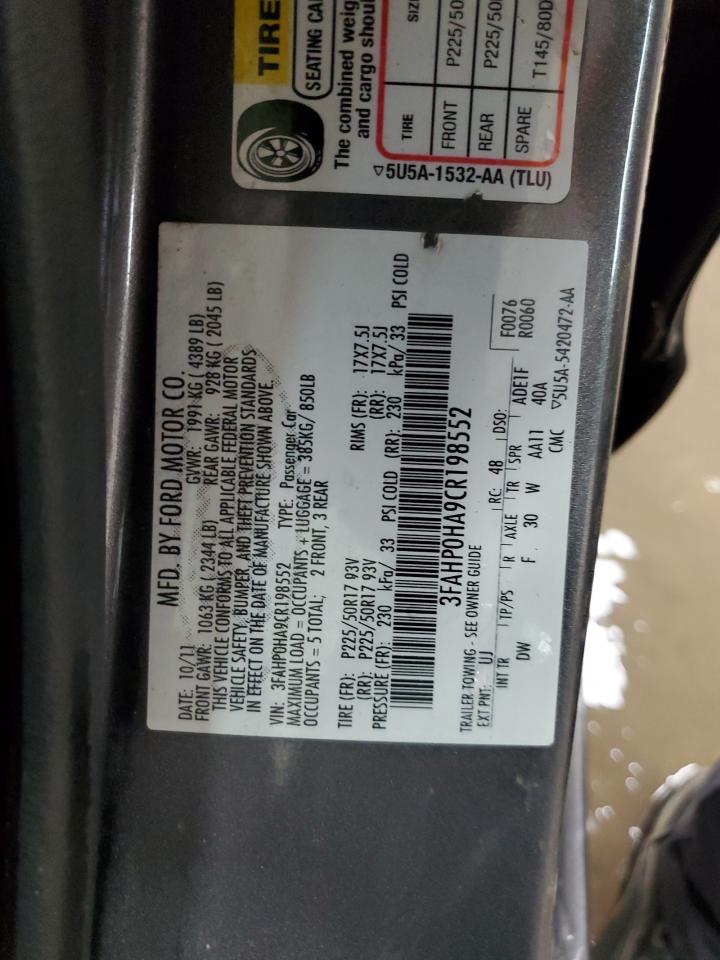 2012 Ford Fusion Se VIN: 3FAHP0HA9CR198552 Lot: 85129395