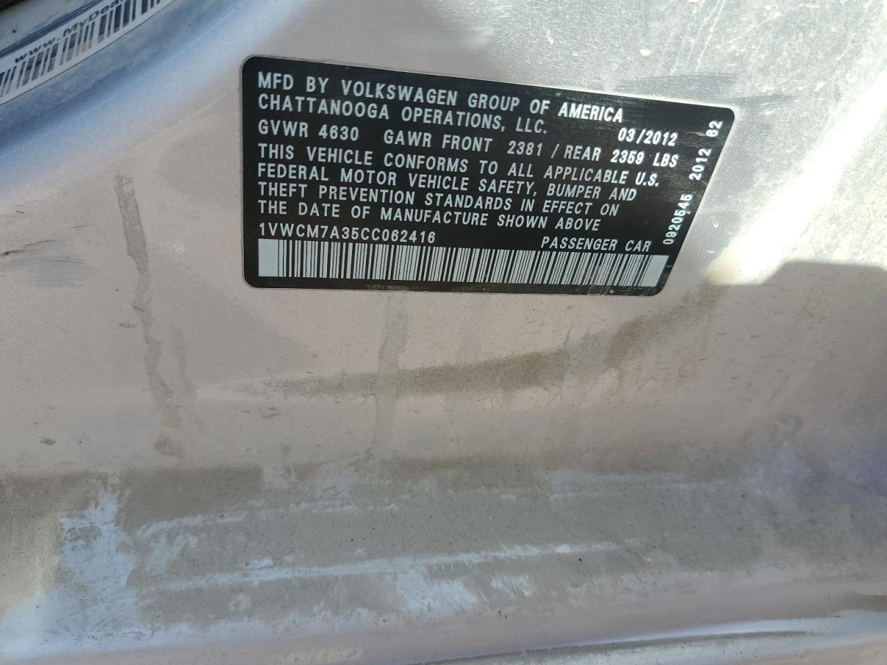 2012 Volkswagen Passat Sel VIN: 1VWCM7A35CC062416 Lot: 86262585