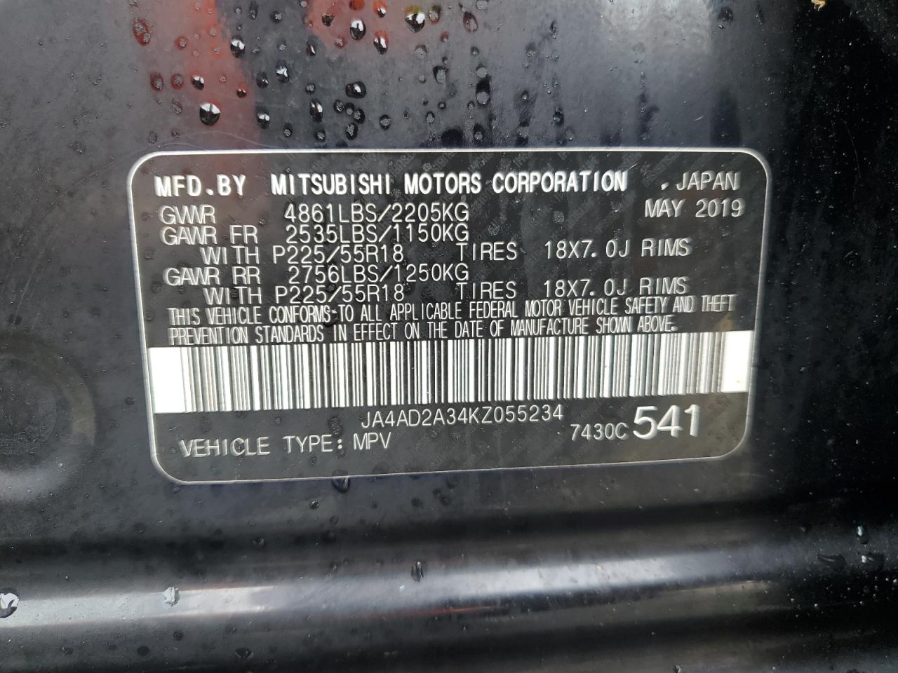 2019 Mitsubishi Outlander Es VIN: JA4AD2A34KZ055234 Lot: 86810555