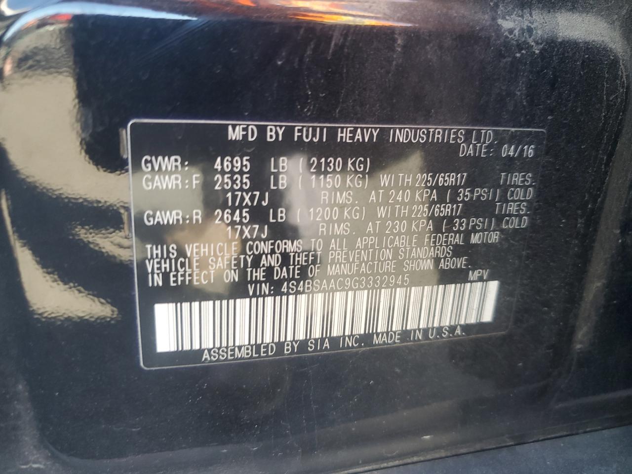 2016 Subaru Outback 2.5I VIN: 4S4BSAAC9G3332945 Lot: 85202125