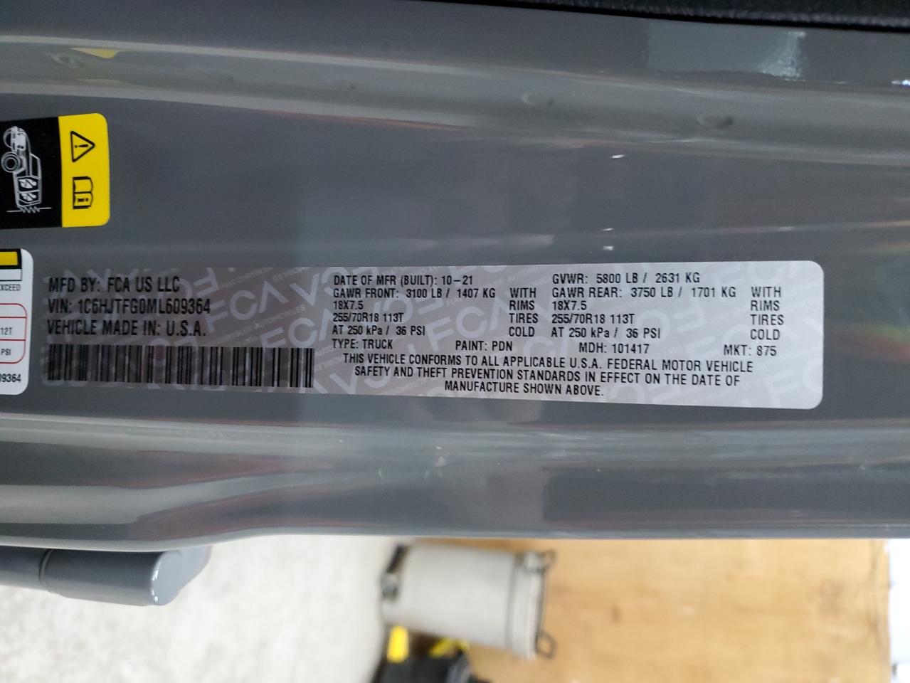 2021 Jeep Gladiator Overland VIN: 1C6HJTFG0ML609364 Lot: 85758225