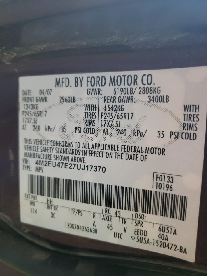 2007 Mercury Mountaineer Luxury VIN: 4M2EU47E27UJ17370 Lot: 85285265