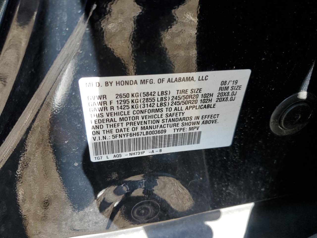 2020 Honda Pilot Touring VIN: 5FNYF6H67LB003609 Lot: 89931815