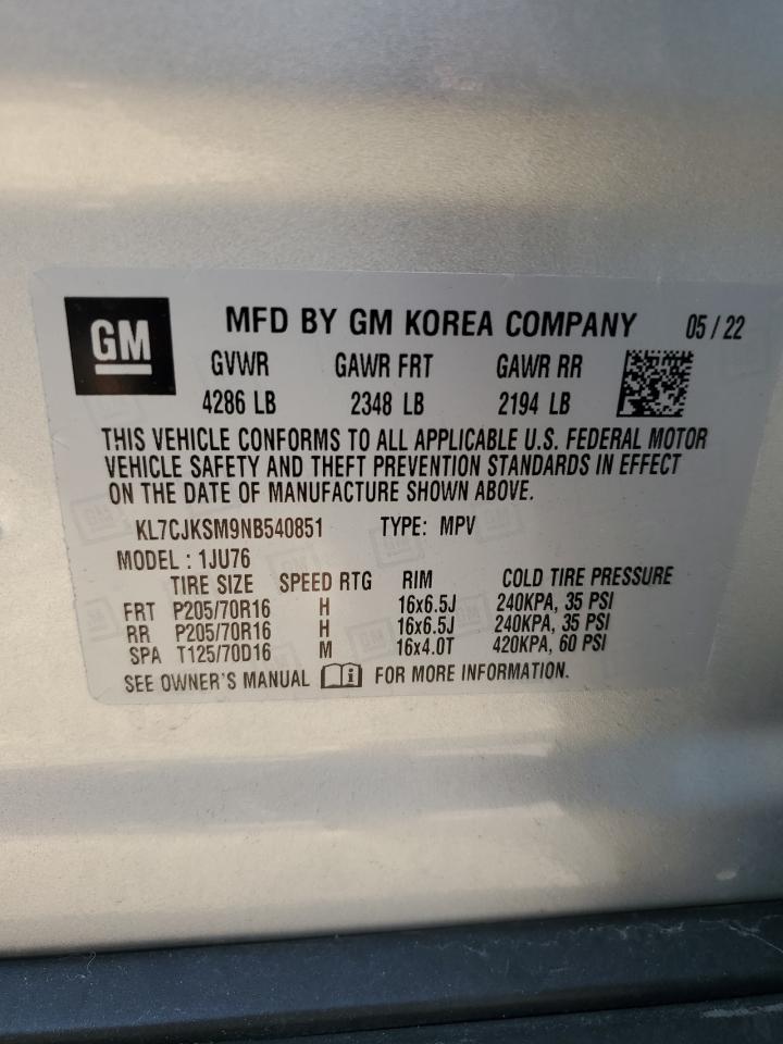 2022 Chevrolet Trax Ls VIN: KL7CJKSM9NB540851 Lot: 85273715