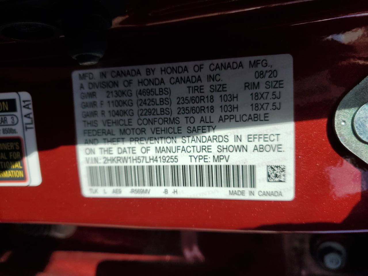 2020 Honda Cr-V Ex VIN: 2HKRW1H57LH419255 Lot: 90614665