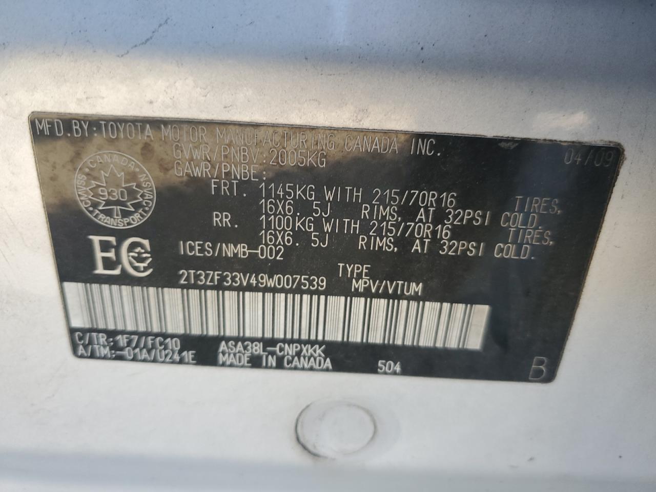 2009 Toyota Rav4 VIN: 2T3ZF33V49W007539 Lot: 84613565