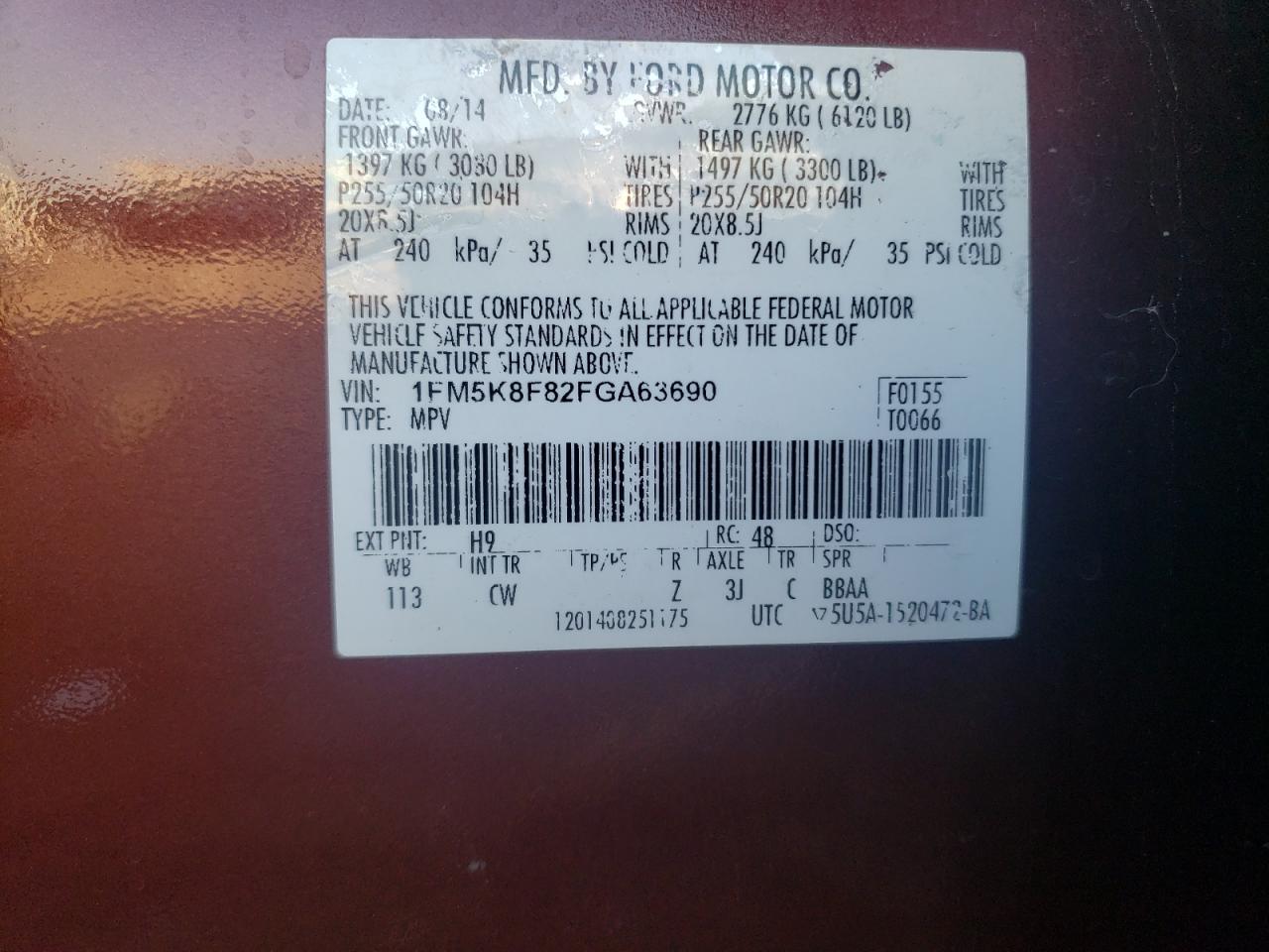 2015 Ford Explorer Limited VIN: 1FM5K8F82FGA63690 Lot: 81997725