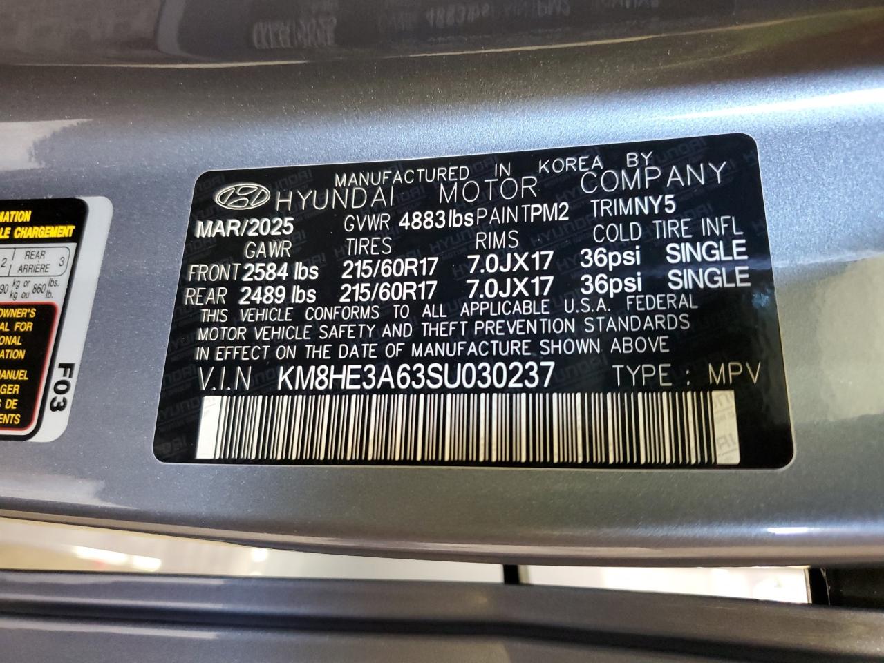 2025 Hyundai Kona Limited VIN: KM8HE3A63SU030237 Lot: 85346055