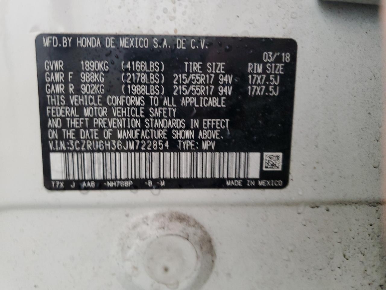 2018 Honda Hr-V Lx VIN: 3CZRU6H36JM722854 Lot: 84211755