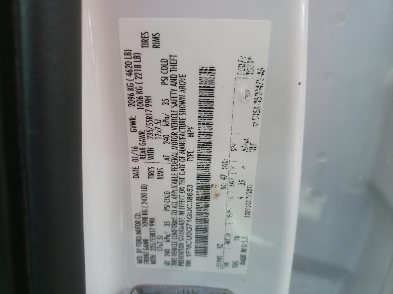 2016 Ford Escape Se VIN: 1FMCU0G71GUC38653 Lot: 85715895