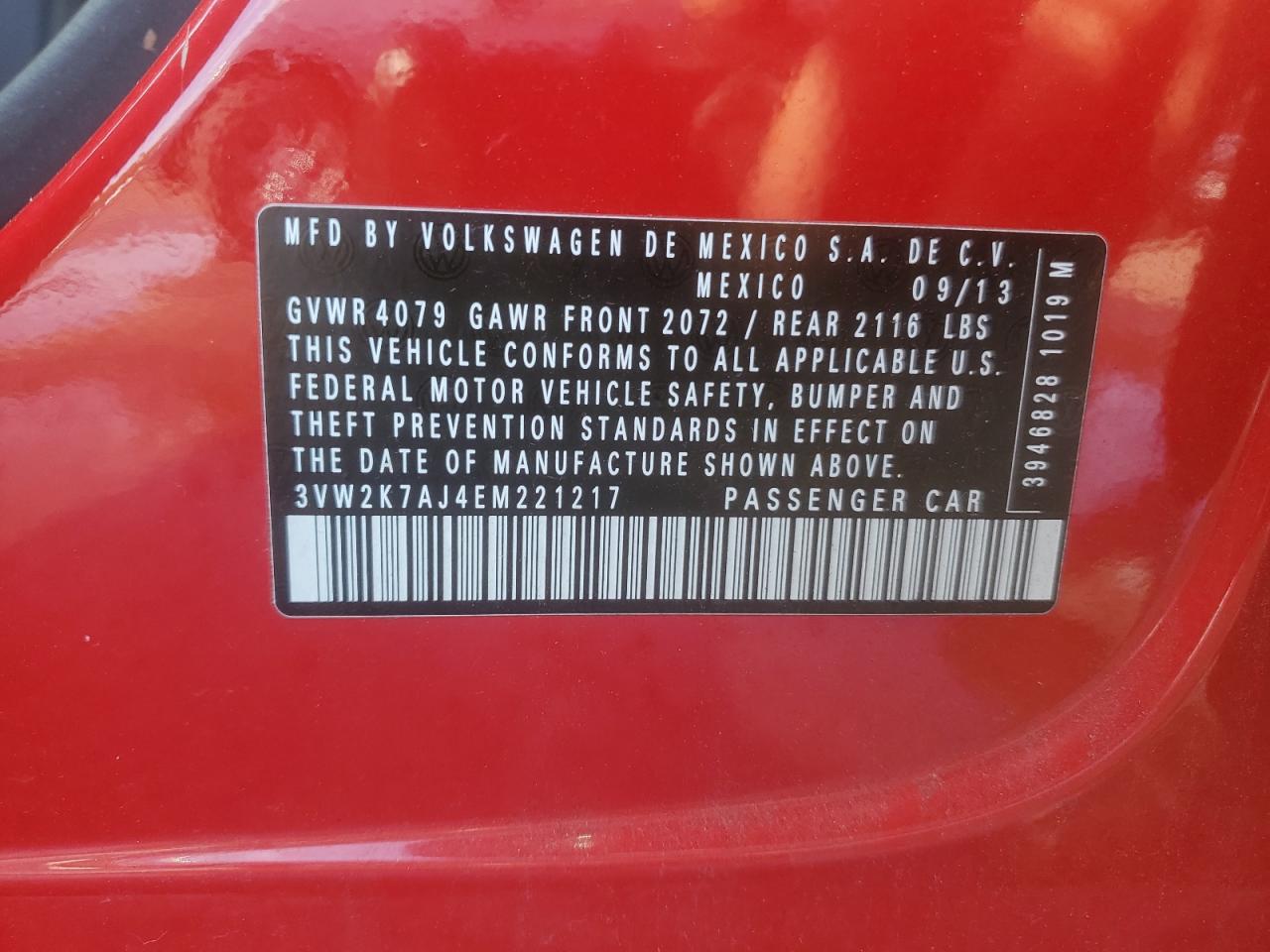2014 Volkswagen Jetta Base VIN: 3VW2K7AJ4EM221217 Lot: 85478595