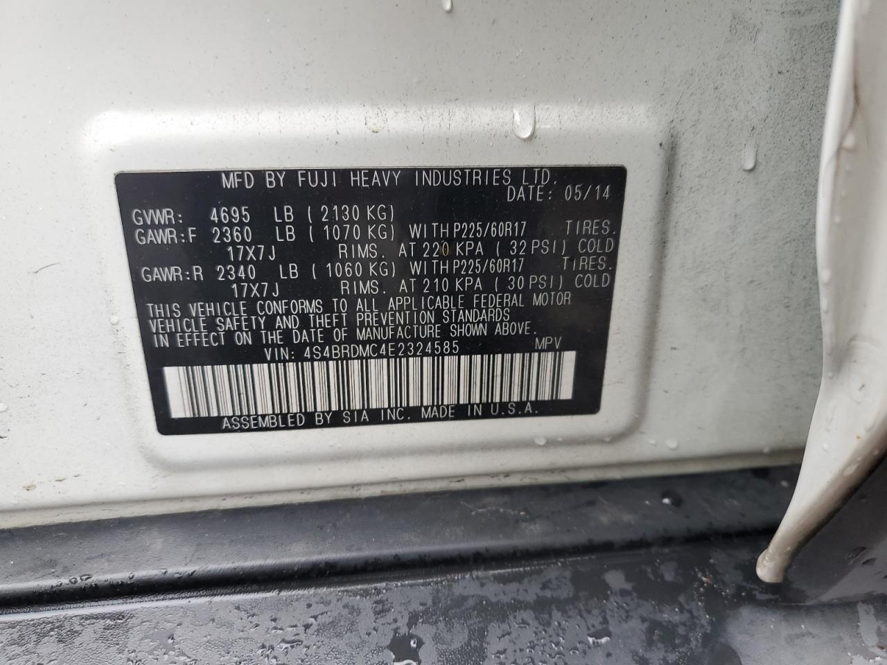 2014 Subaru Outback 3.6R Limited VIN: 4S4BRDMC4E2324585 Lot: 84606525