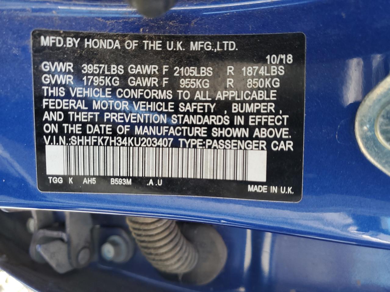 2019 Honda Civic Lx VIN: SHHFK7H34KU203407 Lot: 84803225