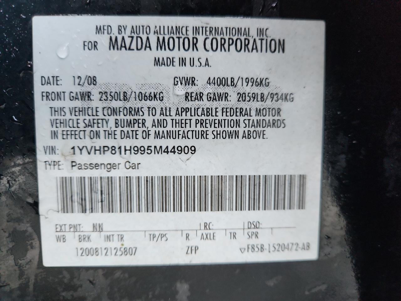 2009 Mazda 6 I VIN: 1YVHP81H995M44909 Lot: 86241865