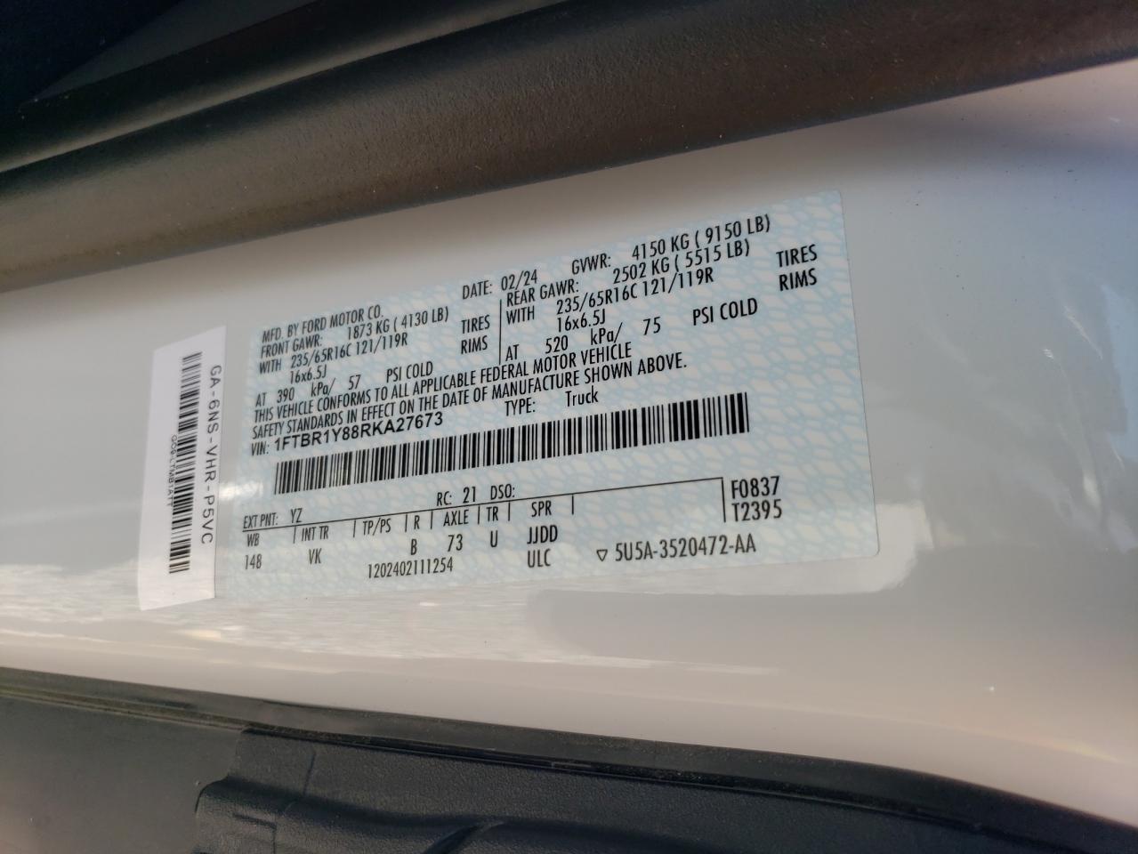 2024 Ford Transit T-250 VIN: 1FTBR1Y88RKA27673 Lot: 84789445