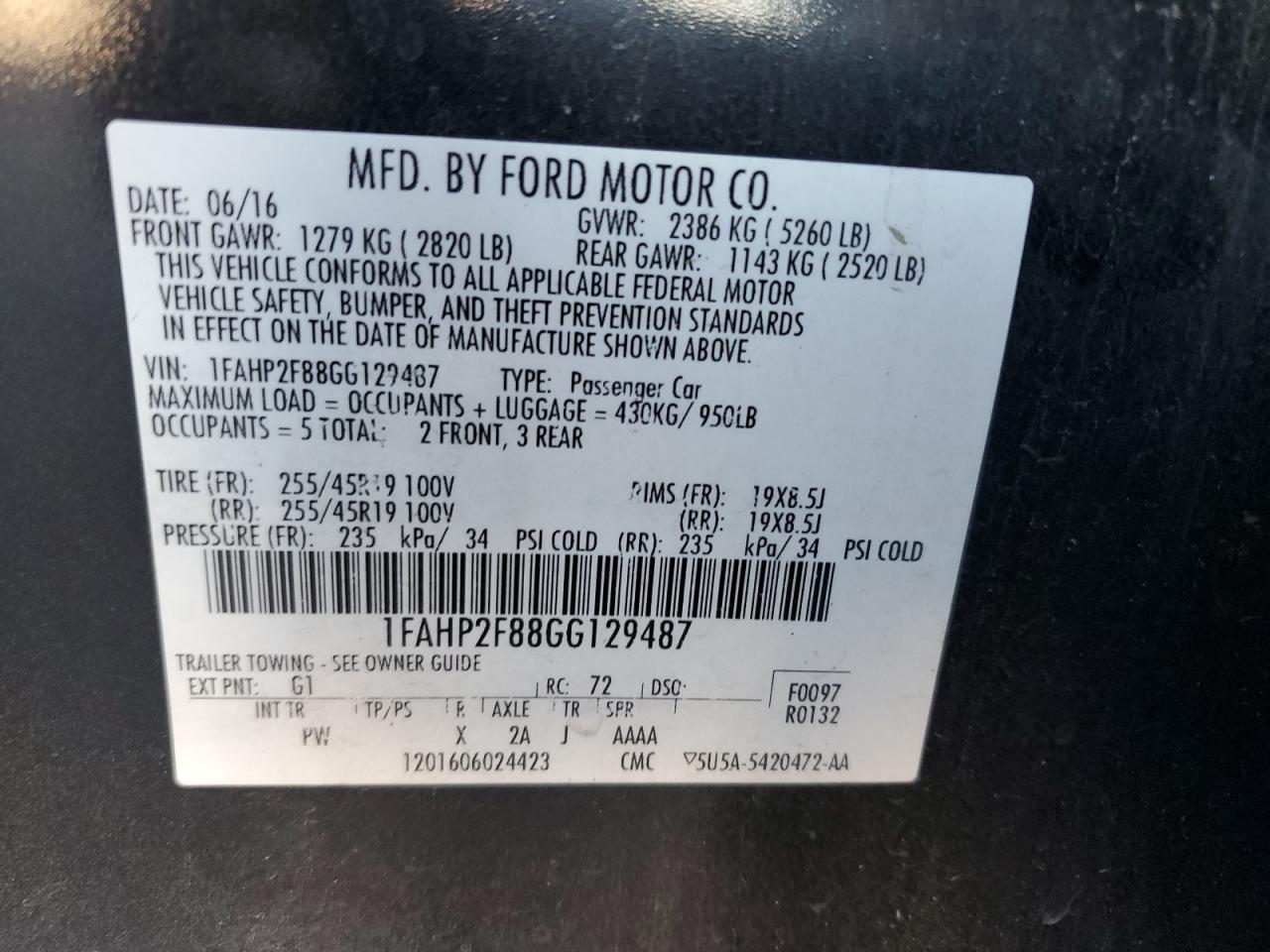 2016 Ford Taurus Limited VIN: 1FAHP2F88GG129487 Lot: 82610255