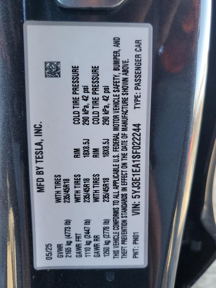 2025 Tesla Model 3 VIN: 5YJ3E1EA1SF022244 Lot: 86193845