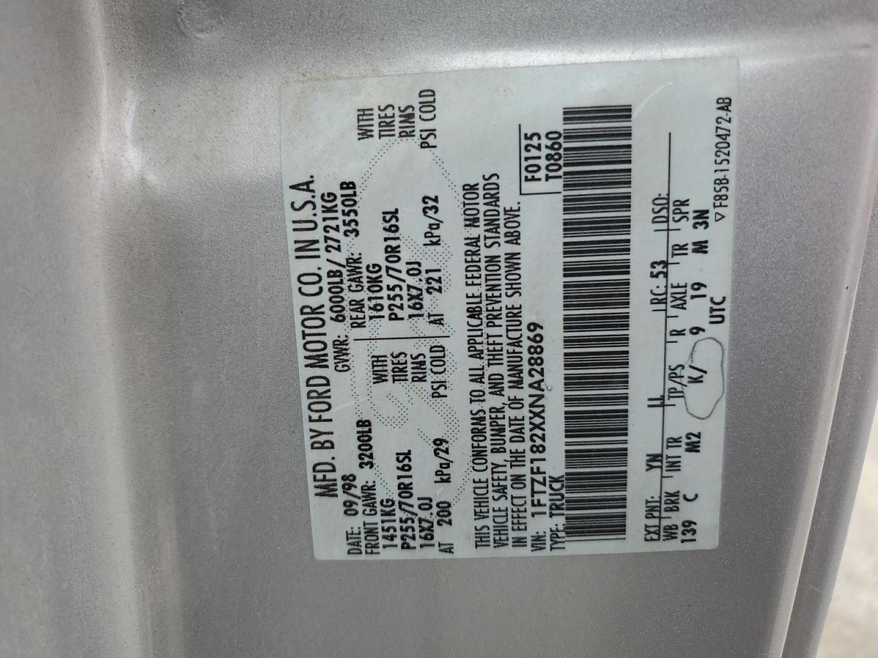 1999 Ford F150 VIN: 1FTZF182XXNA28869 Lot: 82433875