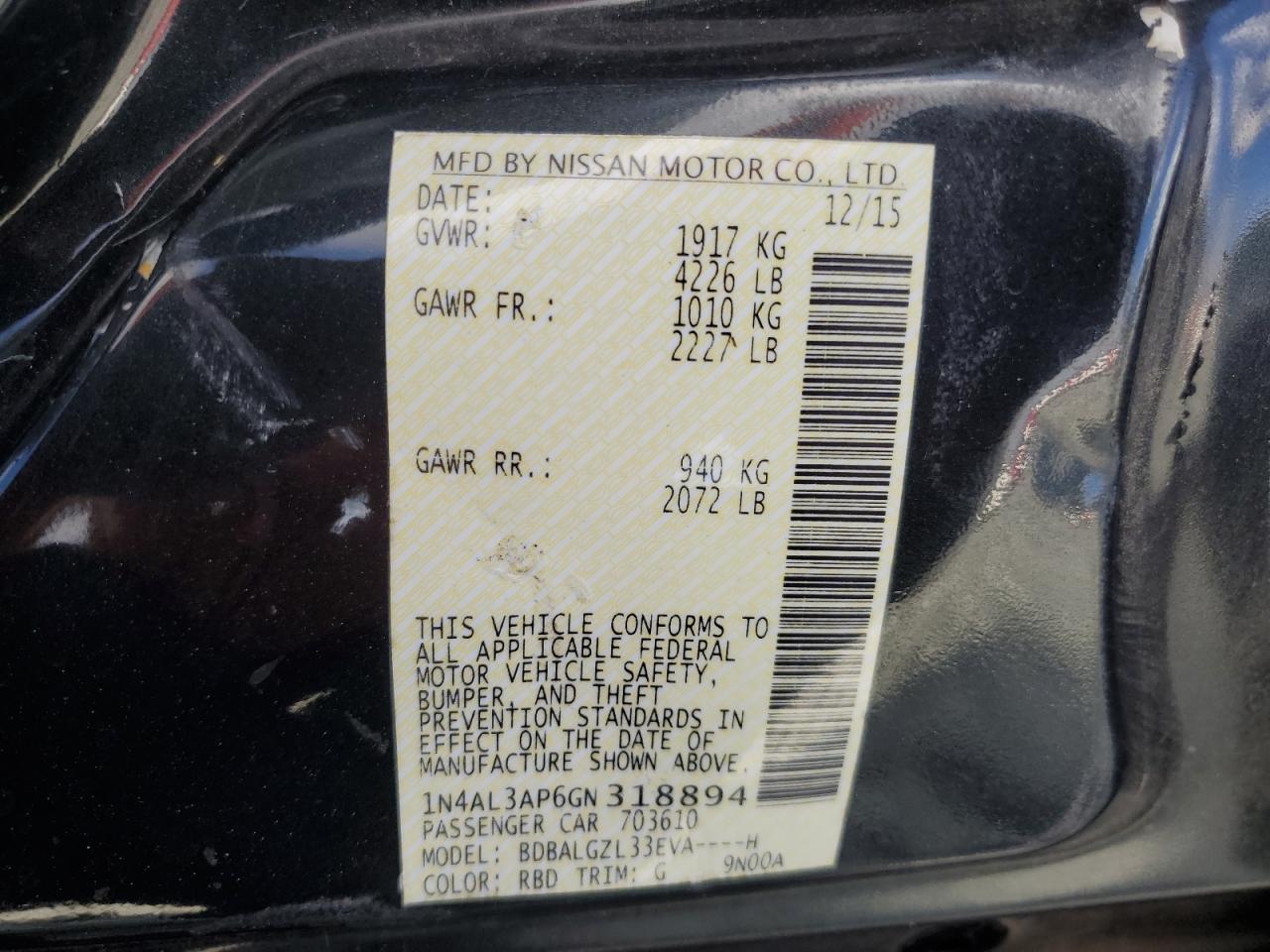 2016 Nissan Altima 2.5 VIN: 1N4AL3AP6GN318894 Lot: 86268725