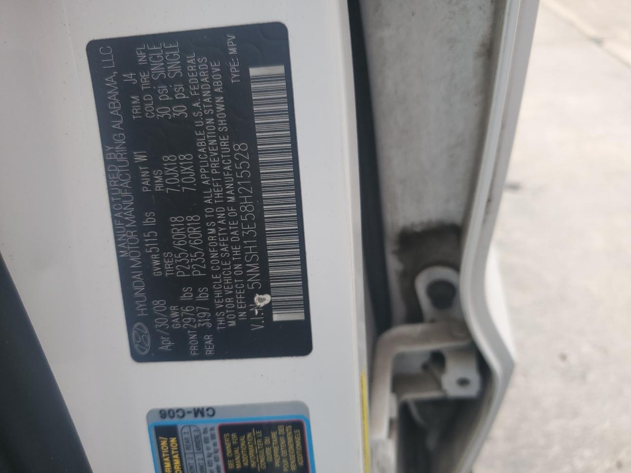 2008 Hyundai Santa Fe Se VIN: 5NMSH13E58H215528 Lot: 86148475