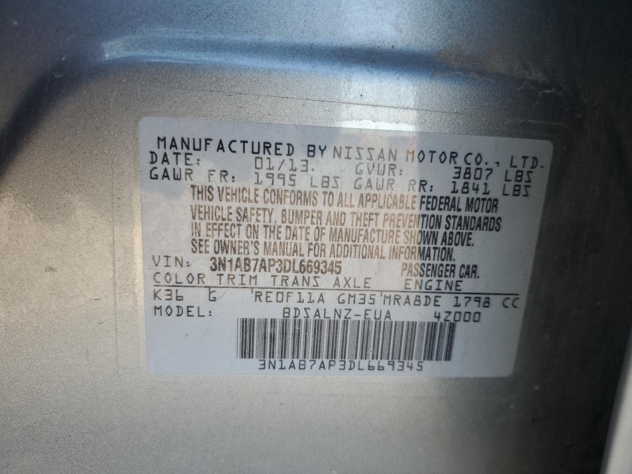 2013 Nissan Sentra S VIN: 3N1AB7AP3DL669345 Lot: 85591775