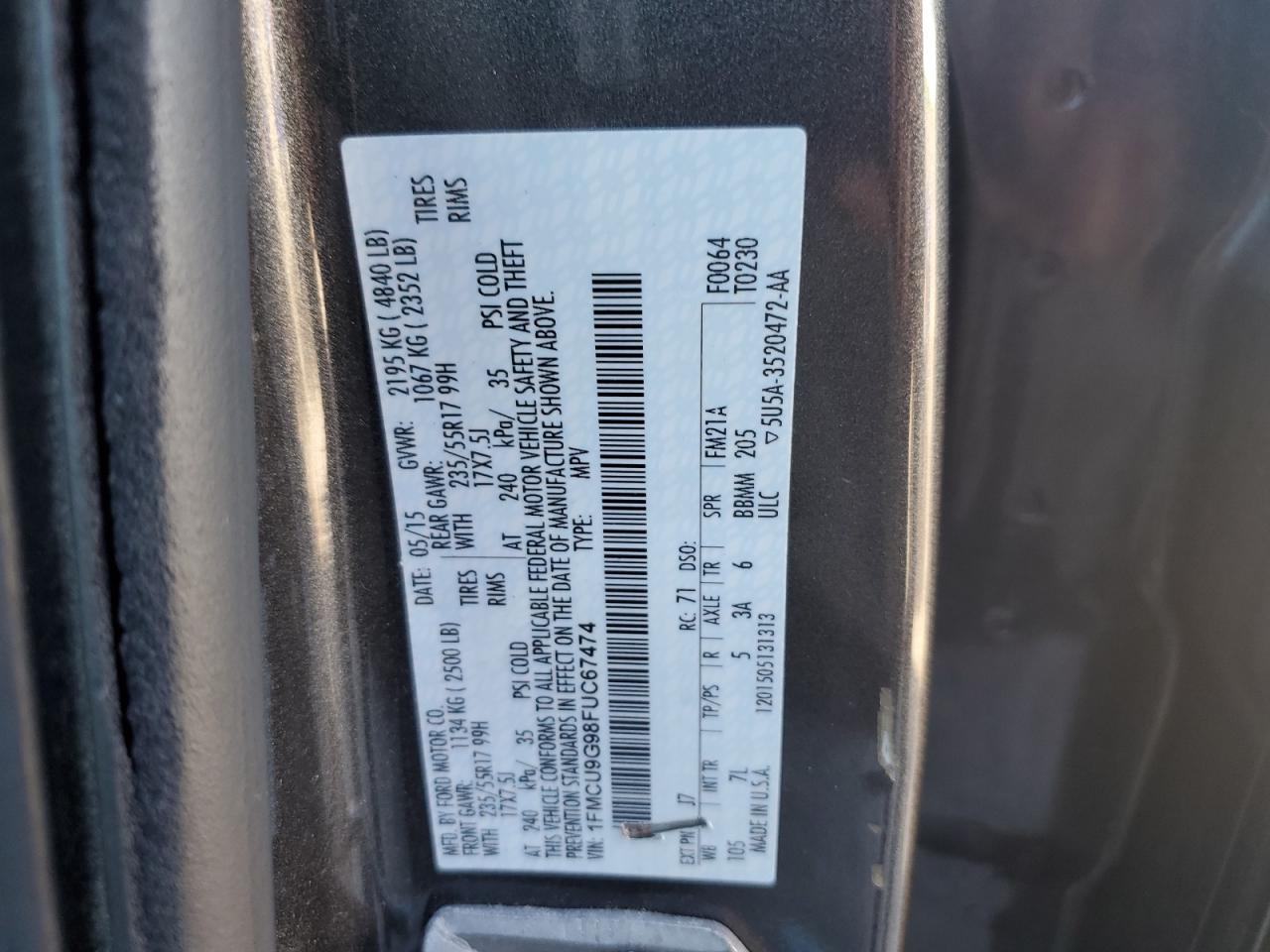 2015 Ford Escape Se VIN: 1FMCU9G98FUC67474 Lot: 82317605