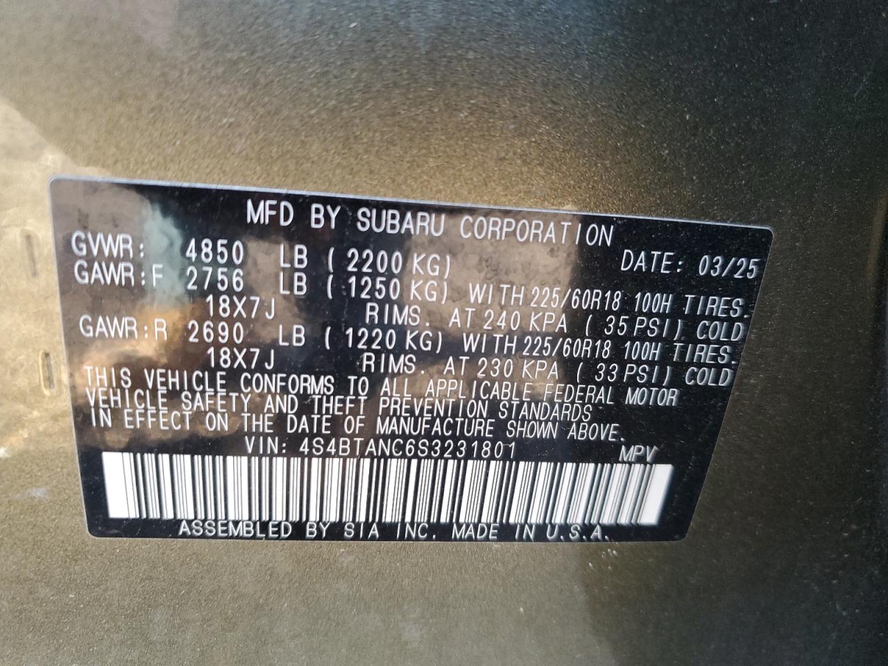 2025 Subaru Outback Limited VIN: 4S4BTANC6S3231801 Lot: 81954045