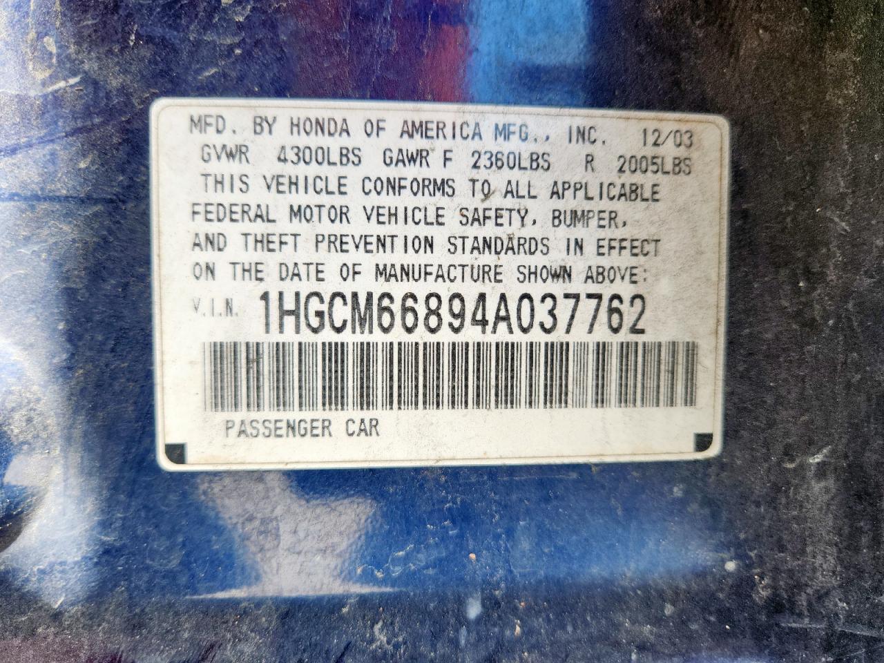 2004 Honda Accord Ex VIN: 1HGCM66894A037762 Lot: 85637775