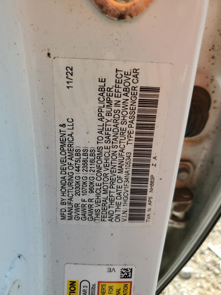 2022 Honda Accord Sport VIN: 1HGCV1F34NA105343 Lot: 86100075